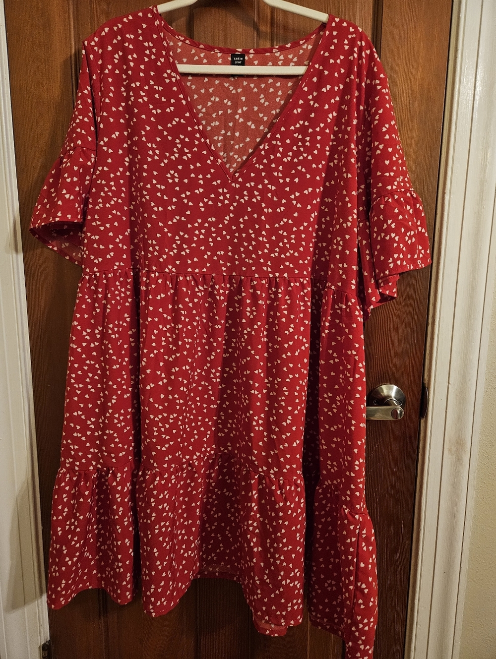 SHEIN Red Dress with White Heart Pattern With Ruffle Sleeves